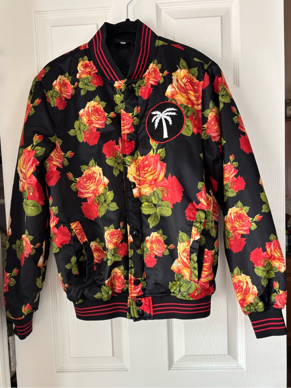 Blvd Supply Jacket - Black Floral, Satin Bomber Jacket with Palm Patch. Sz Smal